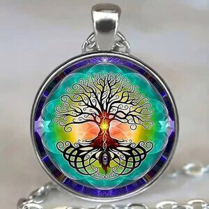Silver TREE OF LIFE Glass Cabochon Pendant Necklace